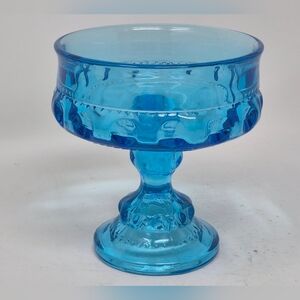 Blue Glass Vintage Kings Crown  Thumbprint Compote Pedestal Bowl